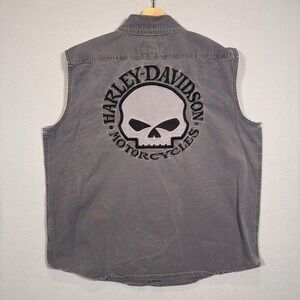 Harley-Davidson Skull Cut Off Button Up Distressed Shirt Mens Sz XL Biker